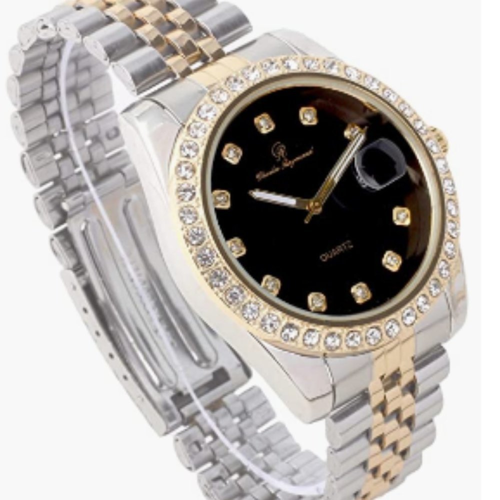 Mens Bling Diamond Iced Dial Timepiece Two-Tone Watch + Bracelet